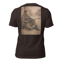 R2Bean2 Coffee The Sniper 2nd Battalion t-shirt, sepia sniper artwork, veteran owned UK coffee brand