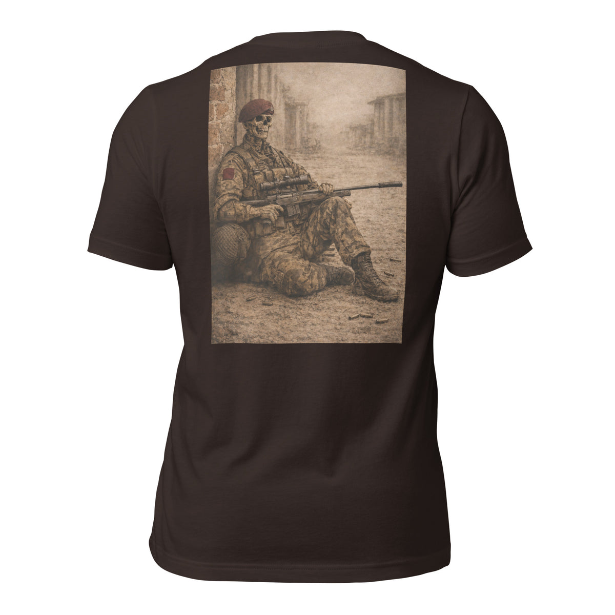 R2Bean2 Coffee The Sniper 1st Battalion t-shirt, sepia sniper artwork, veteran owned UK coffee brand