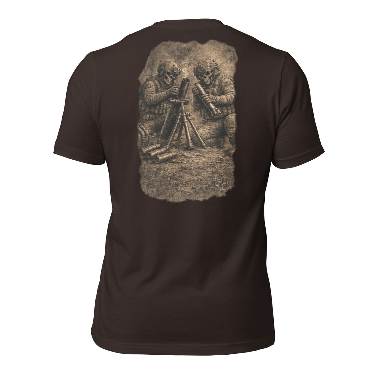 R2Bean2 Coffee Fire for Effect t-shirt, artwork of two operators on a mortar