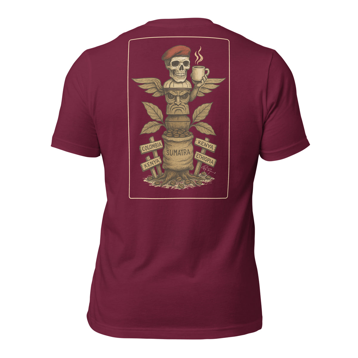 R2Bean2 Coffee Totem of Origins t-shirt, design referencing coffee growing regions and routes