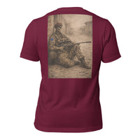 R2Bean2 Coffee The Sniper 2nd Battalion t-shirt, sepia sniper artwork, veteran owned UK coffee brand