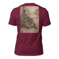 R2Bean2 Coffee The Sniper 1st Battalion t-shirt, sepia sniper artwork, veteran owned UK coffee brand