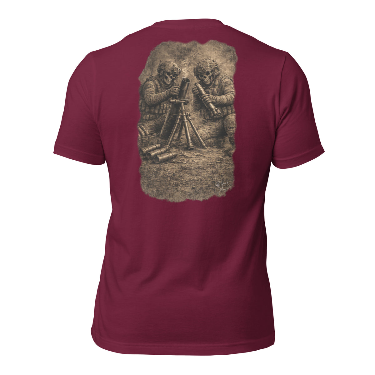 R2Bean2 Coffee Fire for Effect t-shirt, artwork of two operators on a mortar