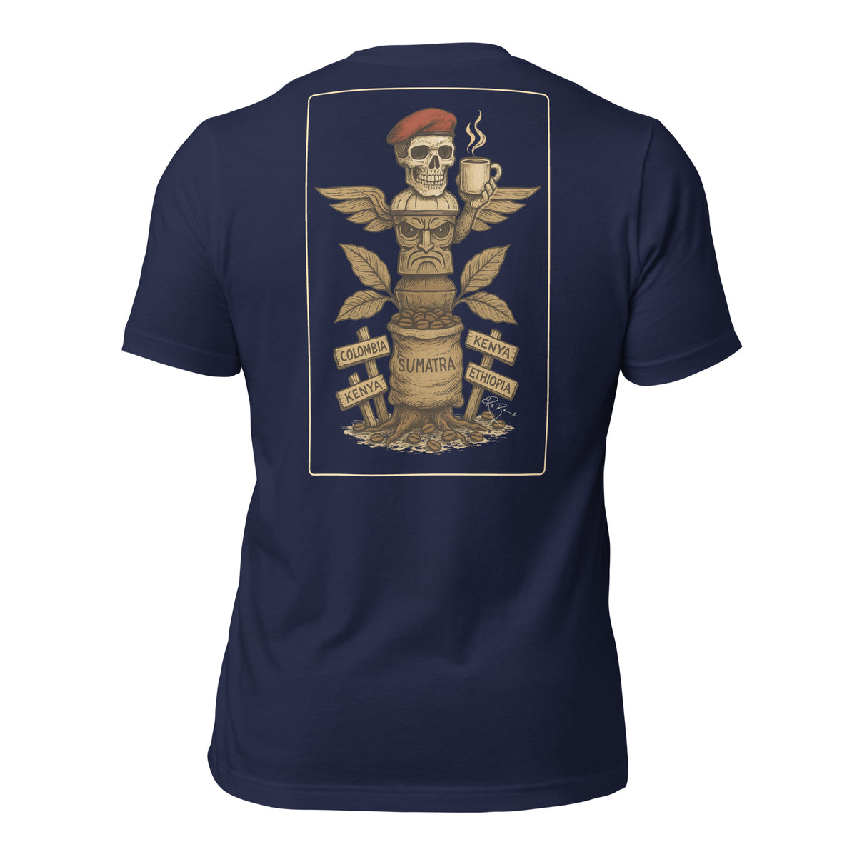 R2Bean2 Coffee Totem of Origins t-shirt, design referencing coffee growing regions and routes