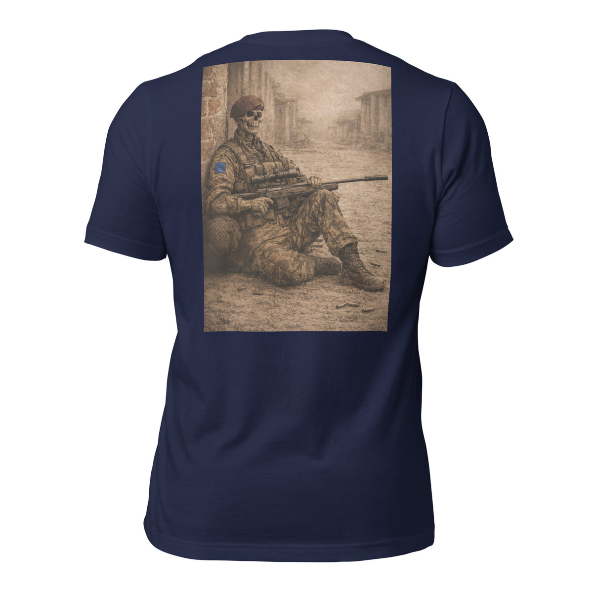 R2Bean2 Coffee The Sniper 2nd Battalion t-shirt, sepia sniper artwork, veteran owned UK coffee brand