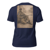 R2Bean2 Coffee The Sniper 2nd Battalion t-shirt, sepia sniper artwork, veteran owned UK coffee brand