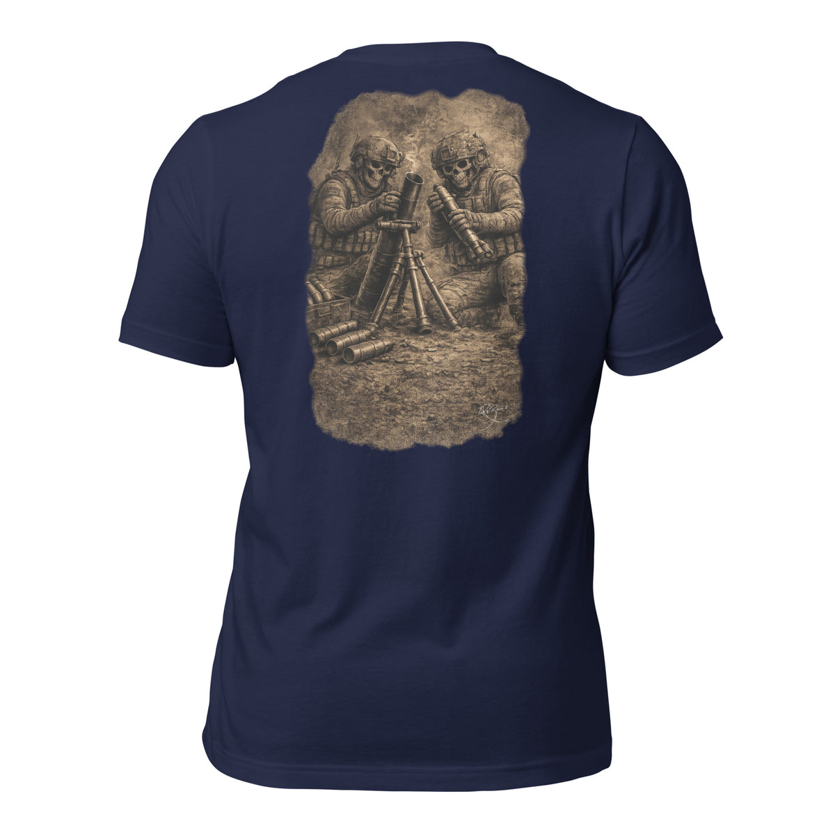 R2Bean2 Coffee Fire for Effect t-shirt, artwork of two operators on a mortar